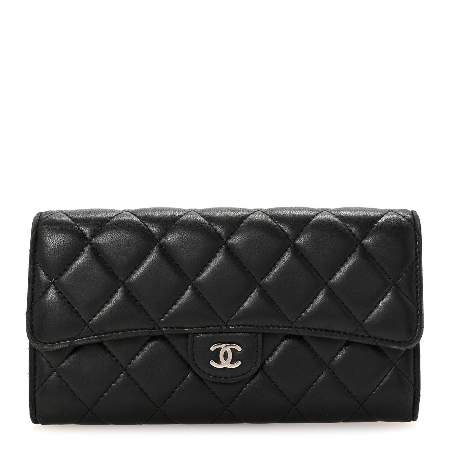 Lambskin Quilted Large Gusset Flap Wallet Black