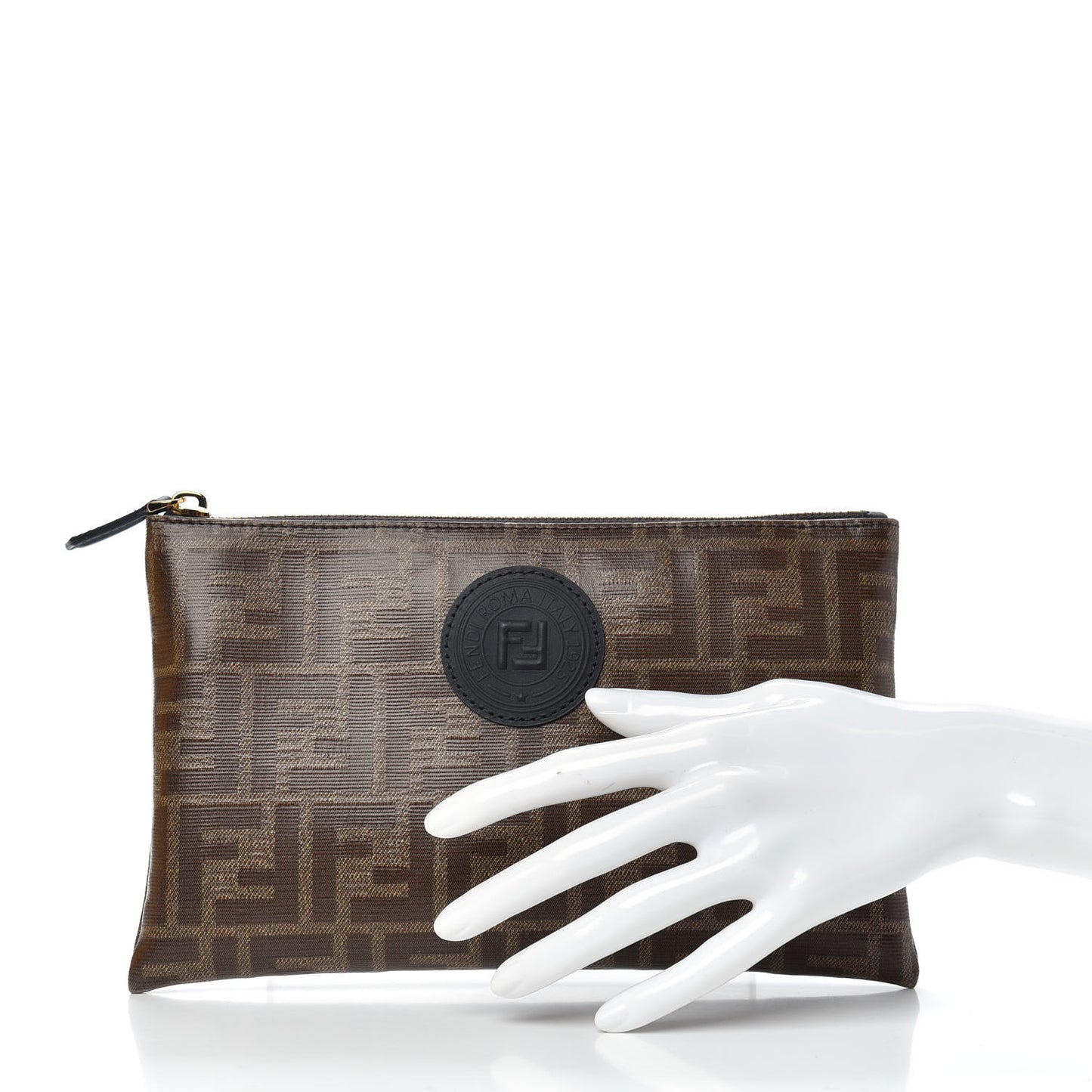 Glazed Fabric Vitello Century FF 1974 Stamp Patch Small FFreedom Flat Pouch Mogano Panna Black
