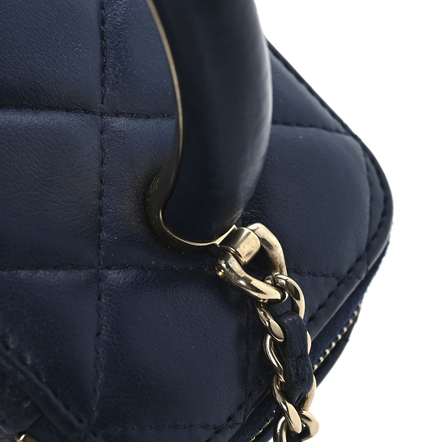 Lambskin Quilted Small Charming Top Handle Vanity Case With Chain Navy Blue