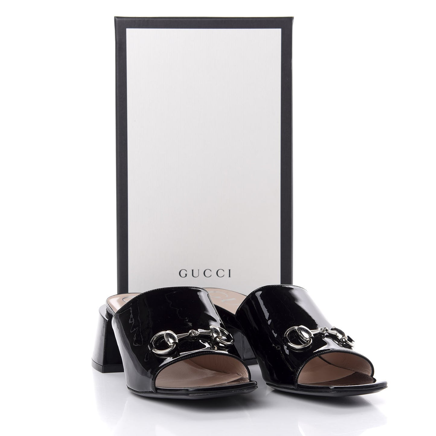 Patent Lexi Horsebit Mid-Heel Slide Sandals 39 Black