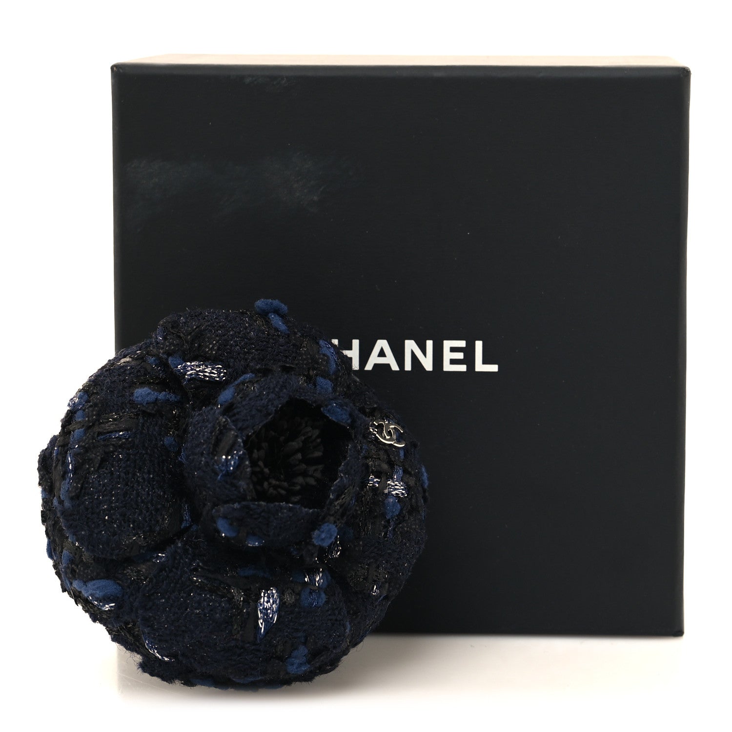 Chanel Tweed Camellia Pin Brooch Navy Blue 3 of 3