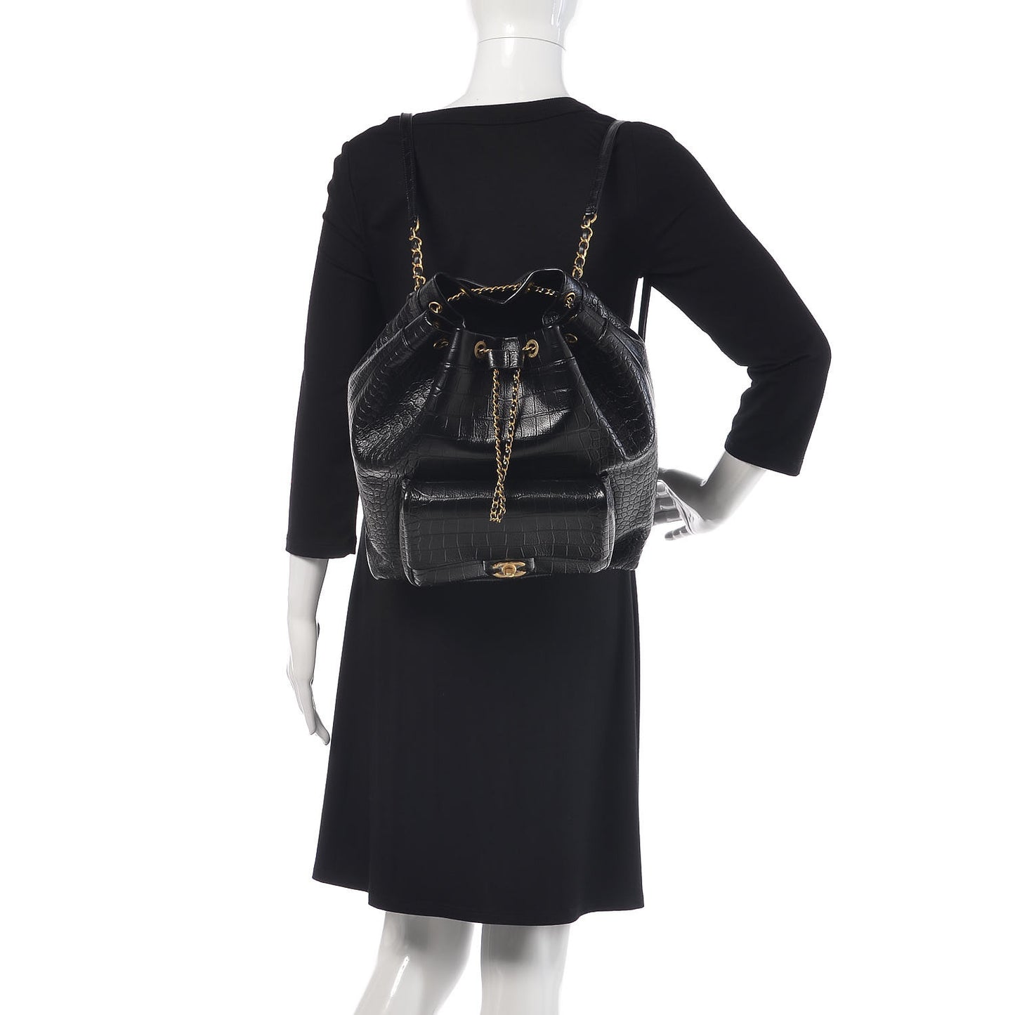 Calfskin Crocodile Embossed Large Backpack Black
