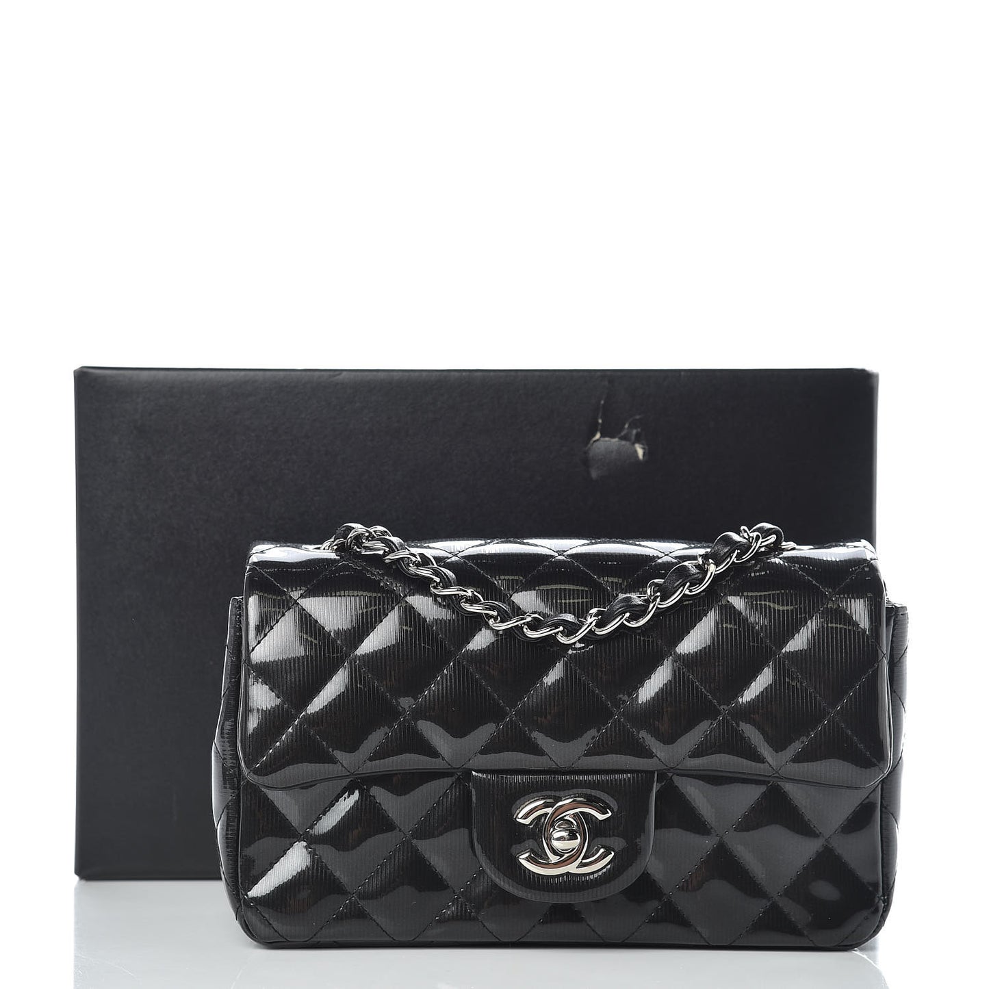 Striated Patent Quilted Mini Rectangular Flap Black