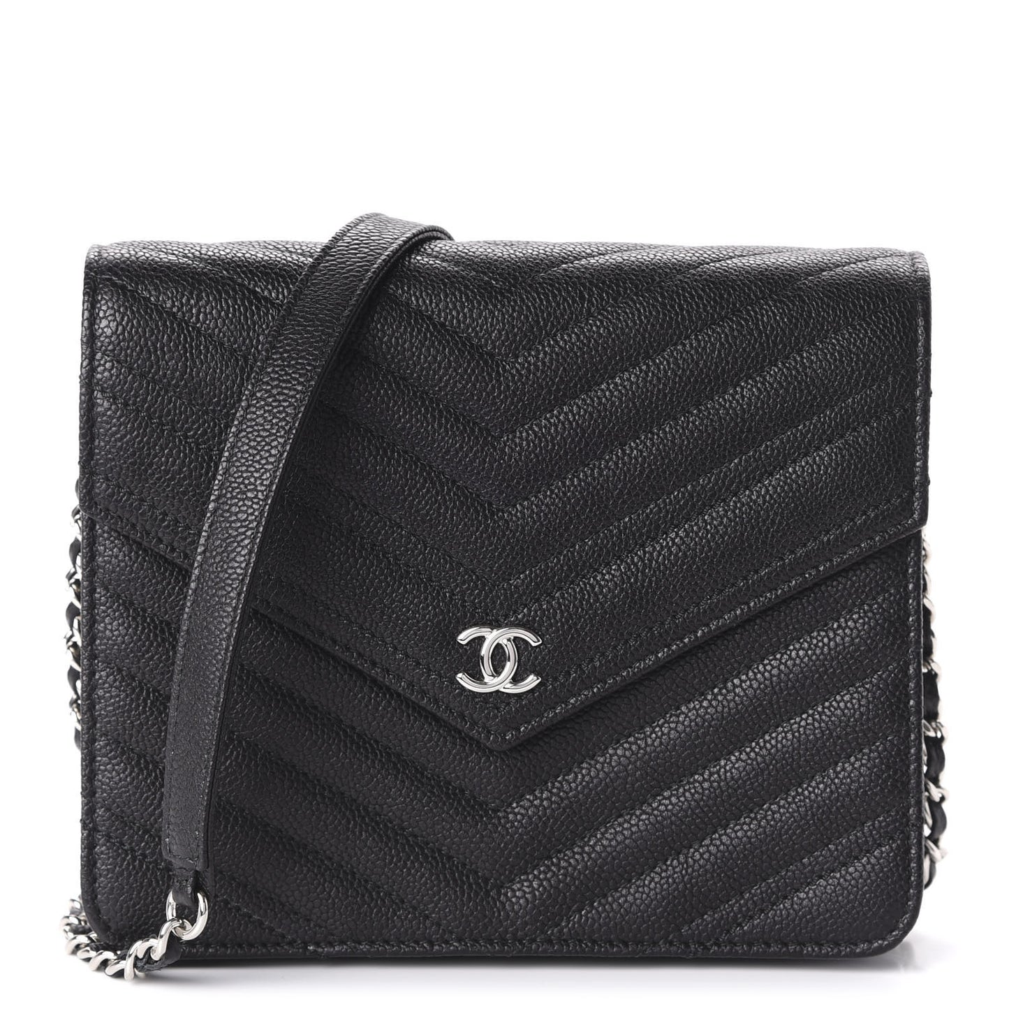 Caviar Chevron Quilted Square Wallet On Chain WOC Black
