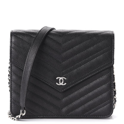Chanel Caviar Chevron Quilted Square Wallet On Chain WOC Black 1 of 10