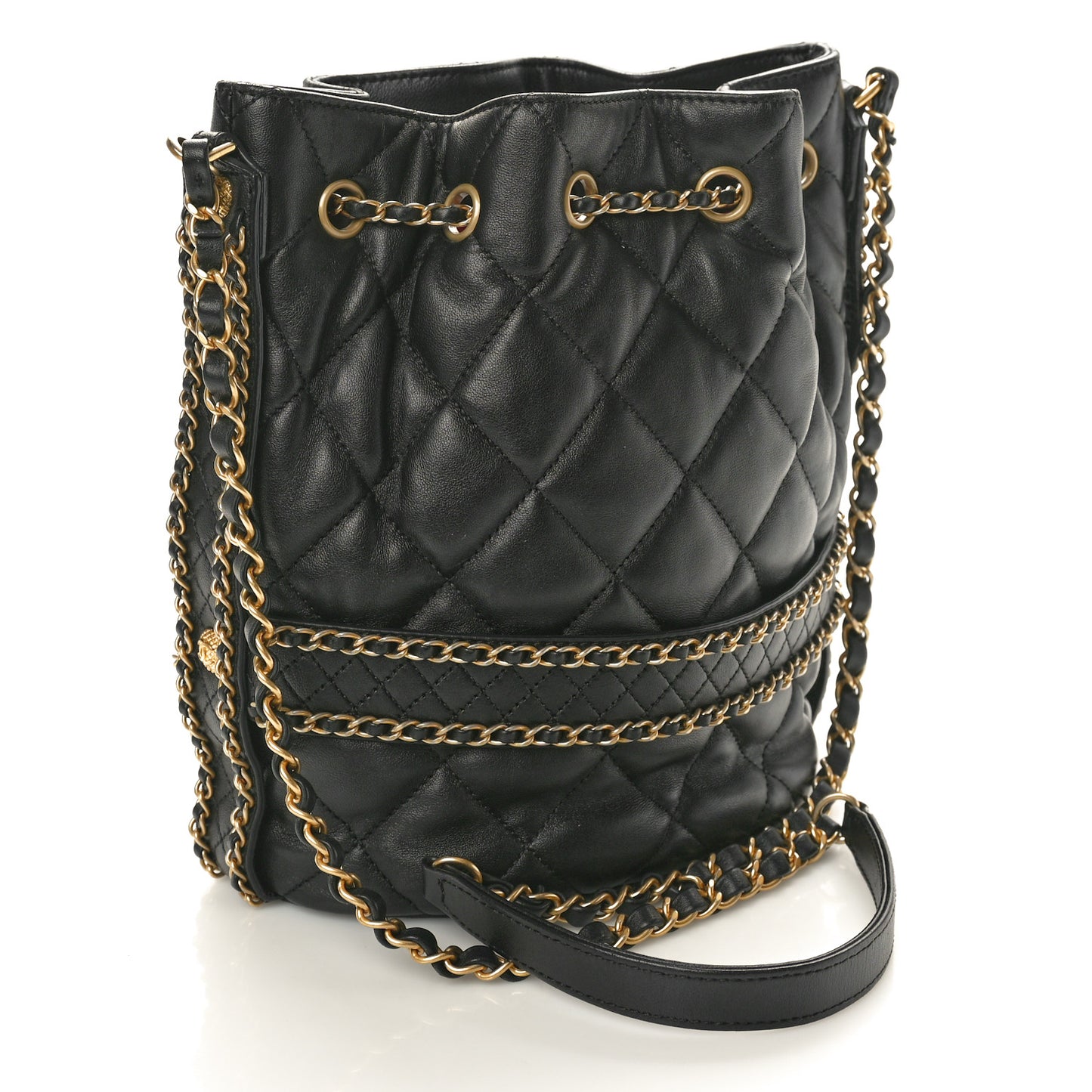 Lambskin Quilted Chain Bucket Drawstring Bag Black