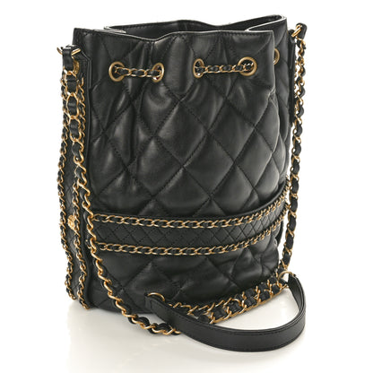 Chanel Lambskin Quilted Chain Bucket Drawstring Bag Black 2 of 10