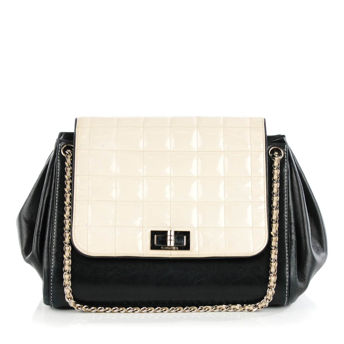 Lambskin Patent Chocolate Bar Accordion Flap Black Beige