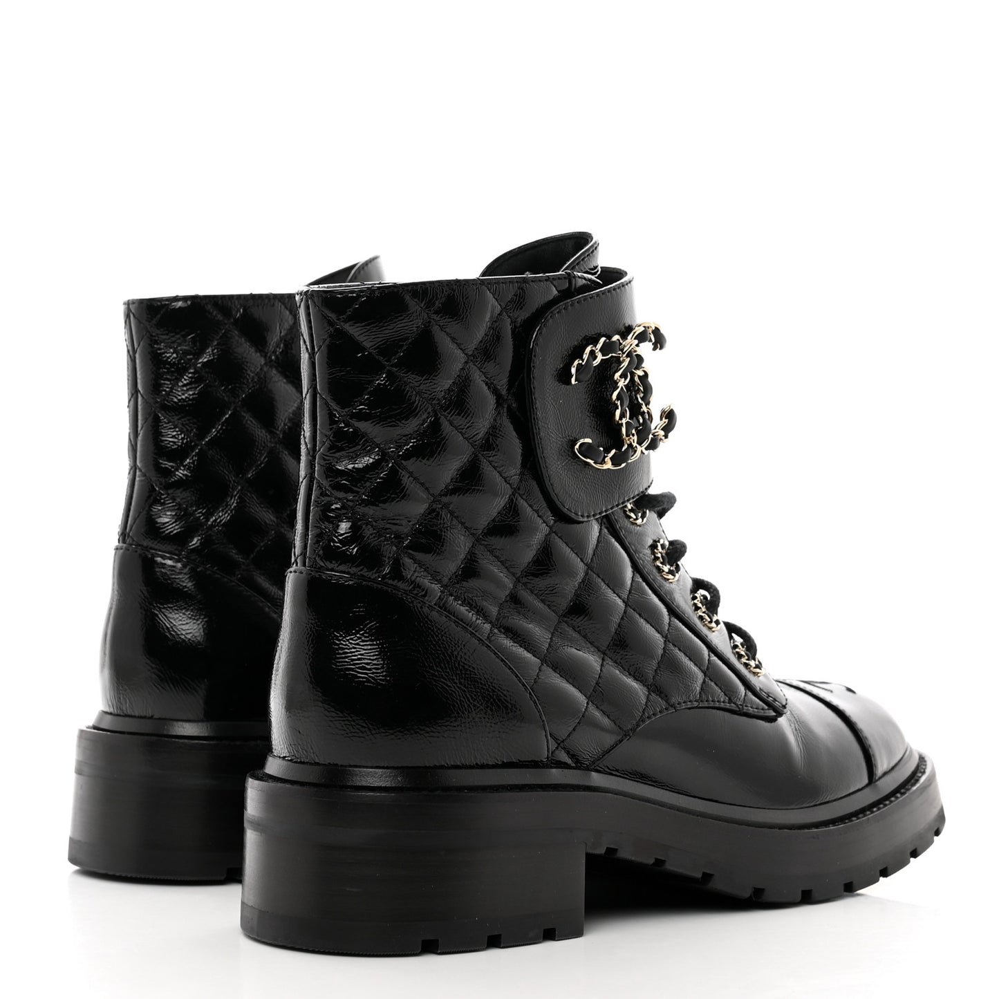 Shiny Calfskin Quilted Lace Up Combat Boots 38 Black