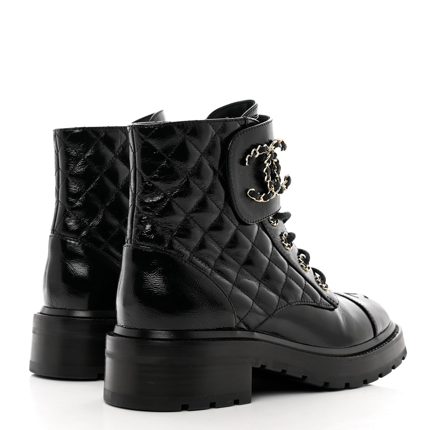 Chanel Shiny Calfskin Quilted Lace Up Combat Boots 38 Black 4 of 9