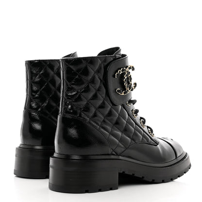 Chanel Shiny Calfskin Quilted Lace Up Combat Boots 38 Black 4 of 9