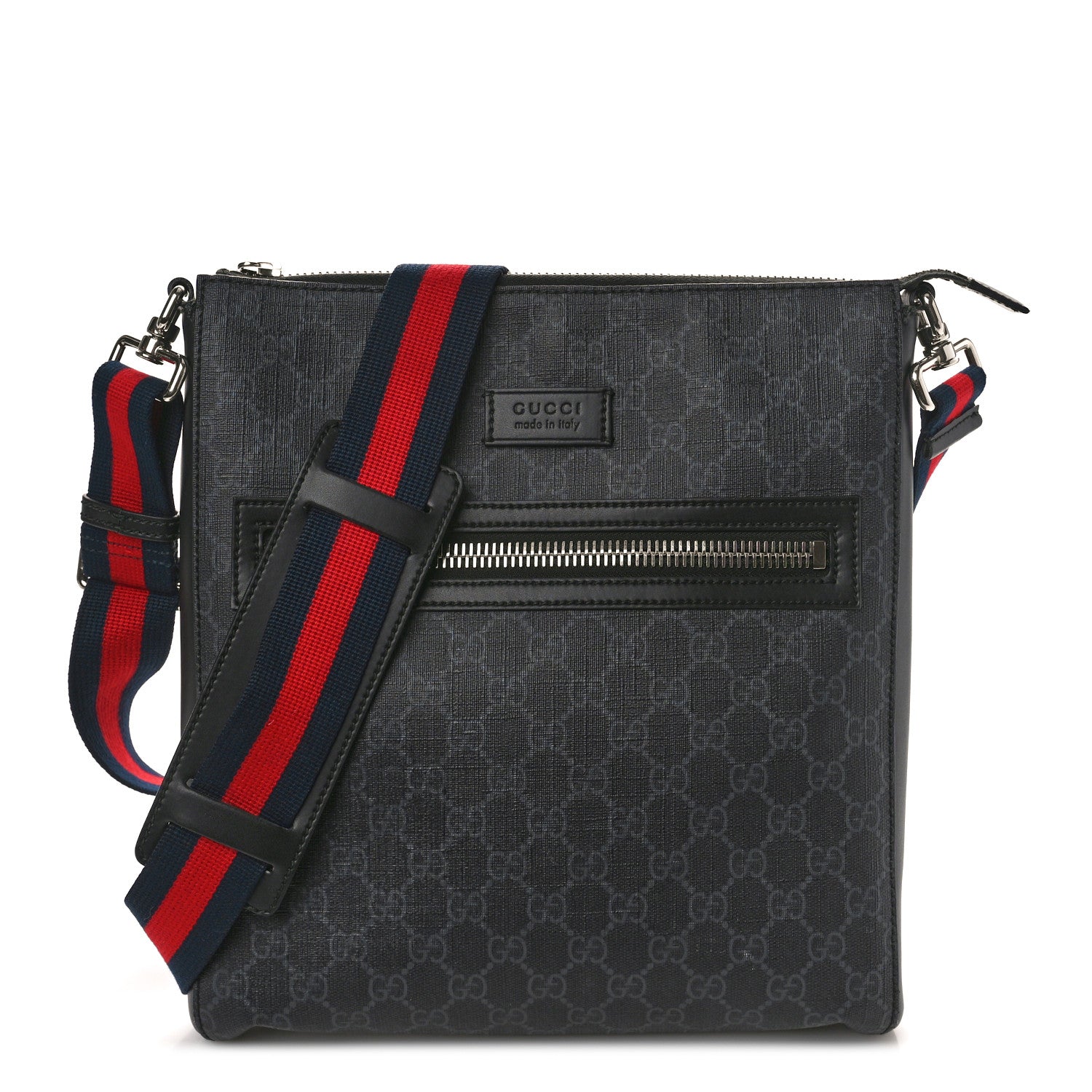 Gucci GG Supreme Monogram Appia Calfskin Web Flat Messenger Bag Black Grey 1 of 10