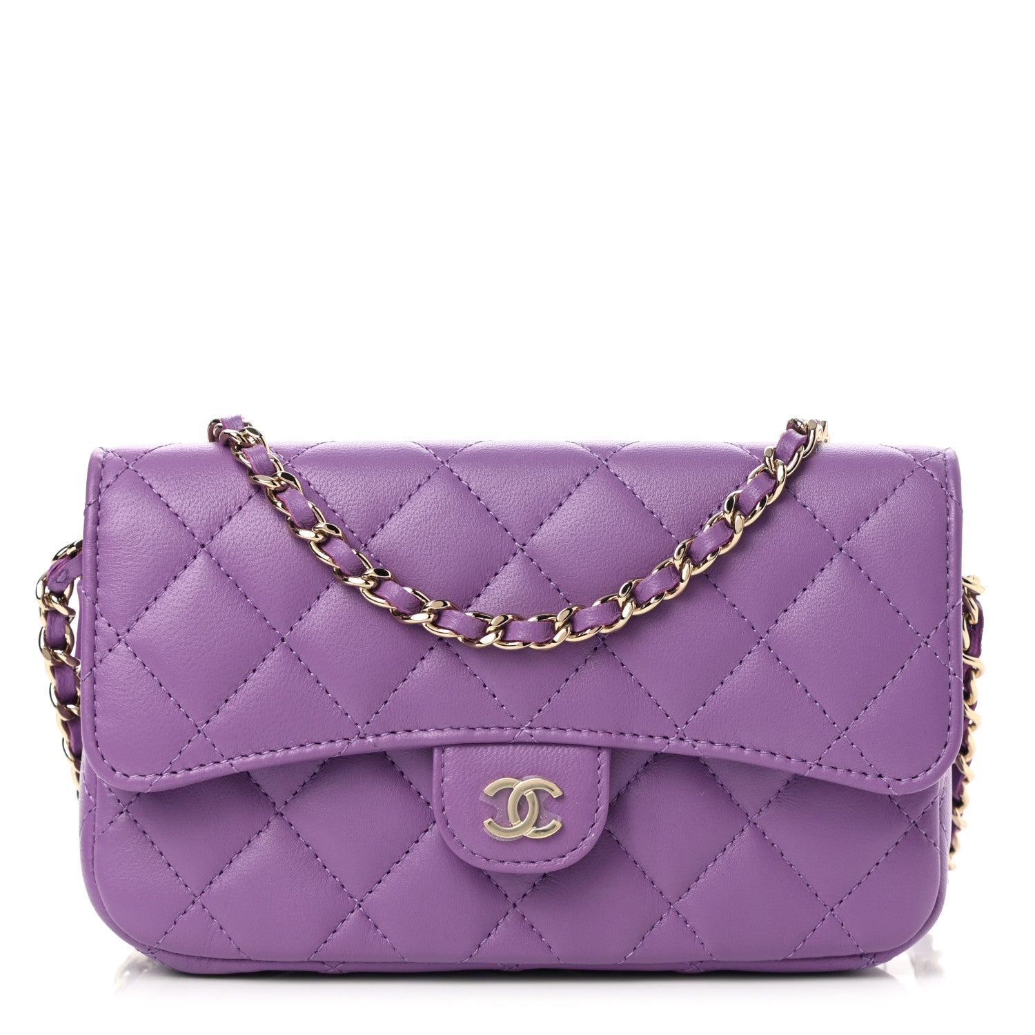 Chanel Lambskin Quilted Flap Phone Holder With Chain Purple 1 of 12