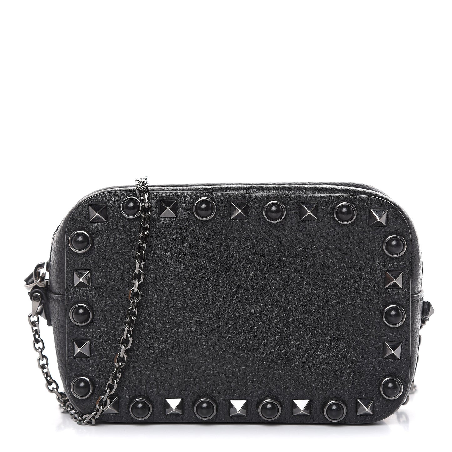 Calfskin Small Rockstud Rolling Chain Camera Crossbody Bag Black