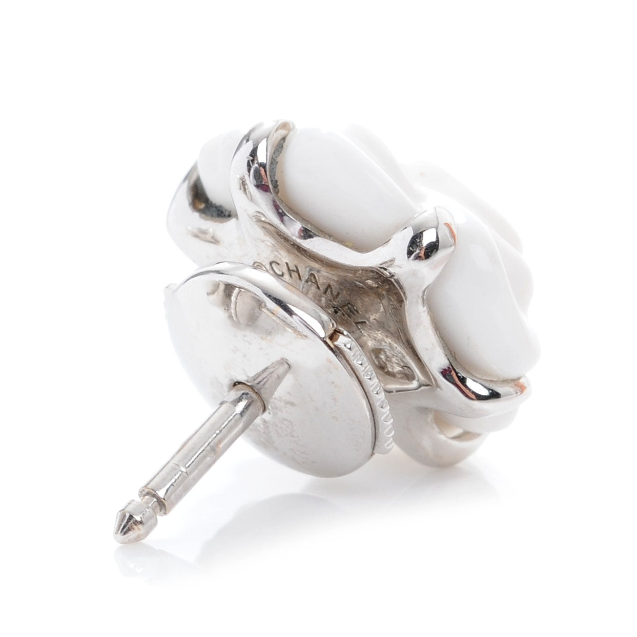 Chanel 18k White Gold Agate Camellia Earrings 3 of 5