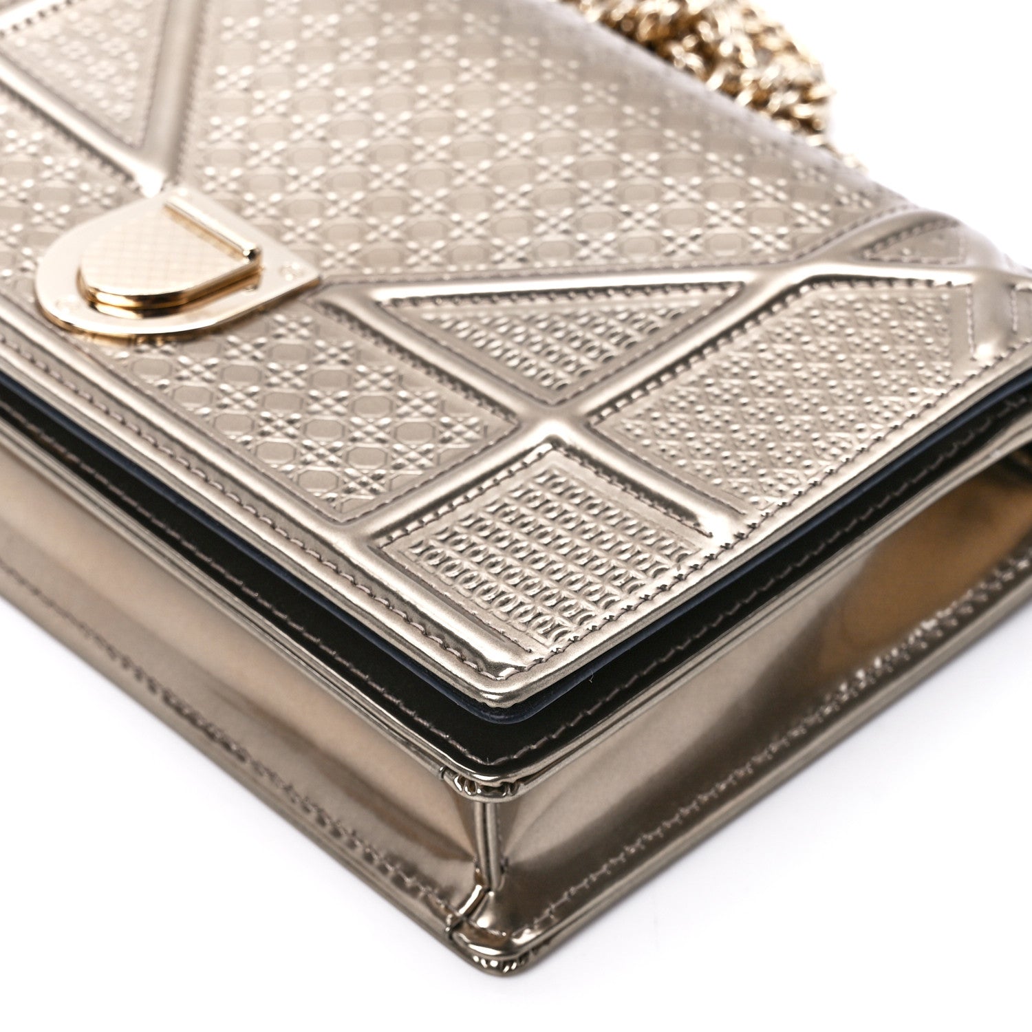 Christian Dior Metallic Patent Micro-Cannage Diorama Wallet on Chain Pouch Gold 10 of 10