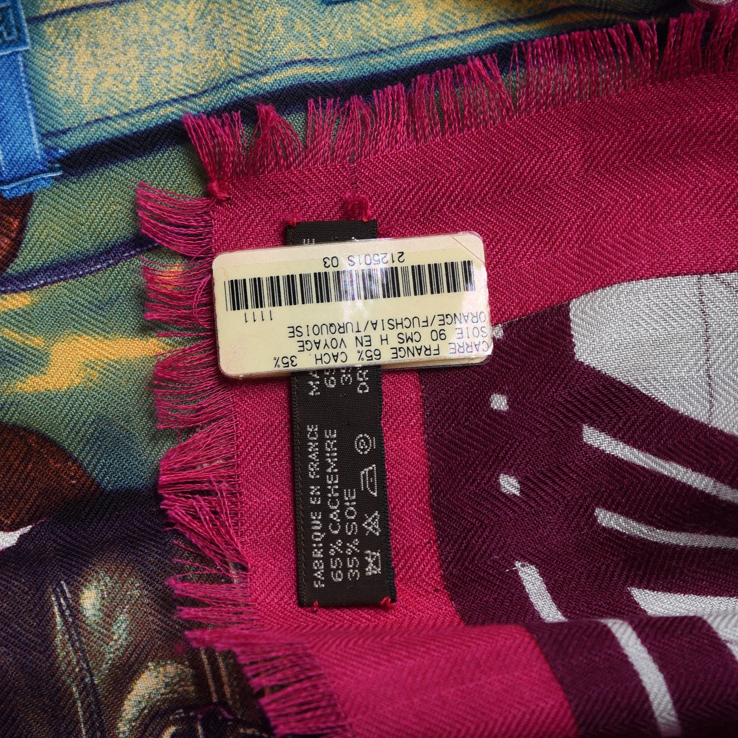 Hermes Cashmere Silk H en Voyage Fringed Scarf 90 Orange Fuchsia Turquoise 4 of 6