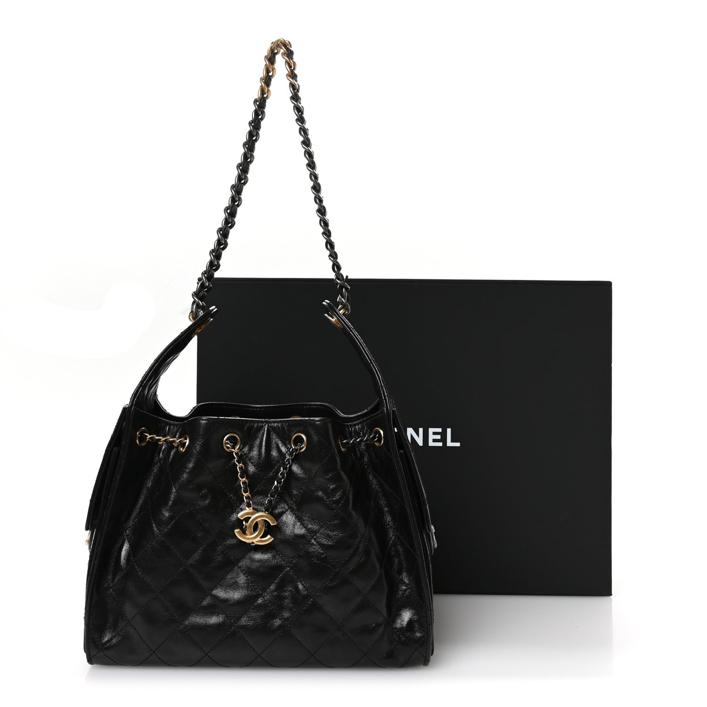 Shiny Crumpled Calfskin Quilted Small Chanel 25 Handbag Black