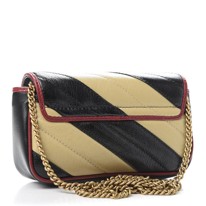Gucci Vintage Effect Calfskin Matelasse Diagonal Striped Super Mini Torchon GG Marmont Shoulder Bag Black Beige 3 of 10
