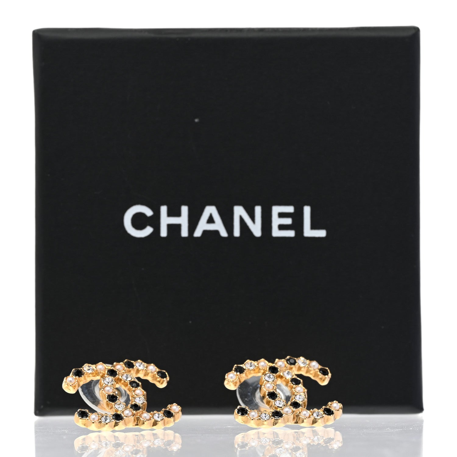 Chanel Resin Pearl Crystal CC Earrings Gold Black 5 of 5