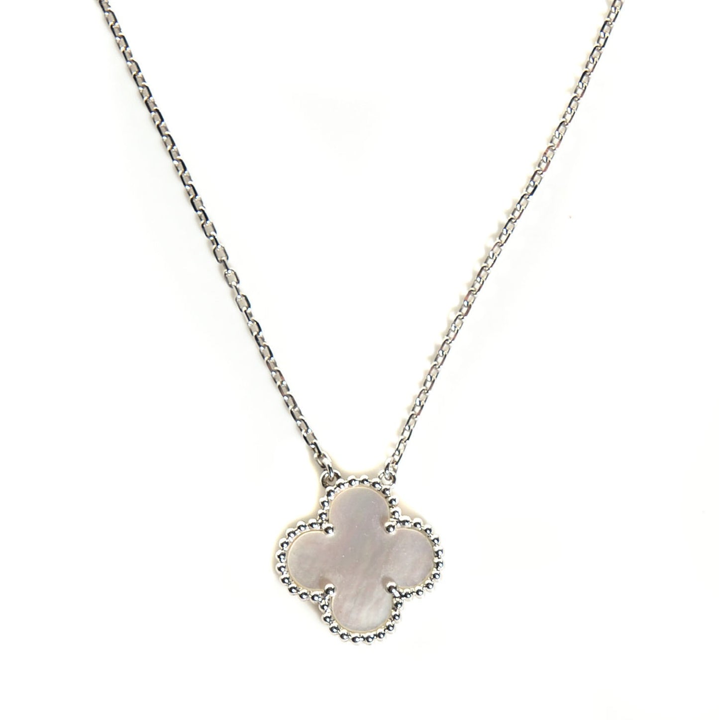 18K White Gold Mother of Pearl Vintage Alhambra Pendant Necklace