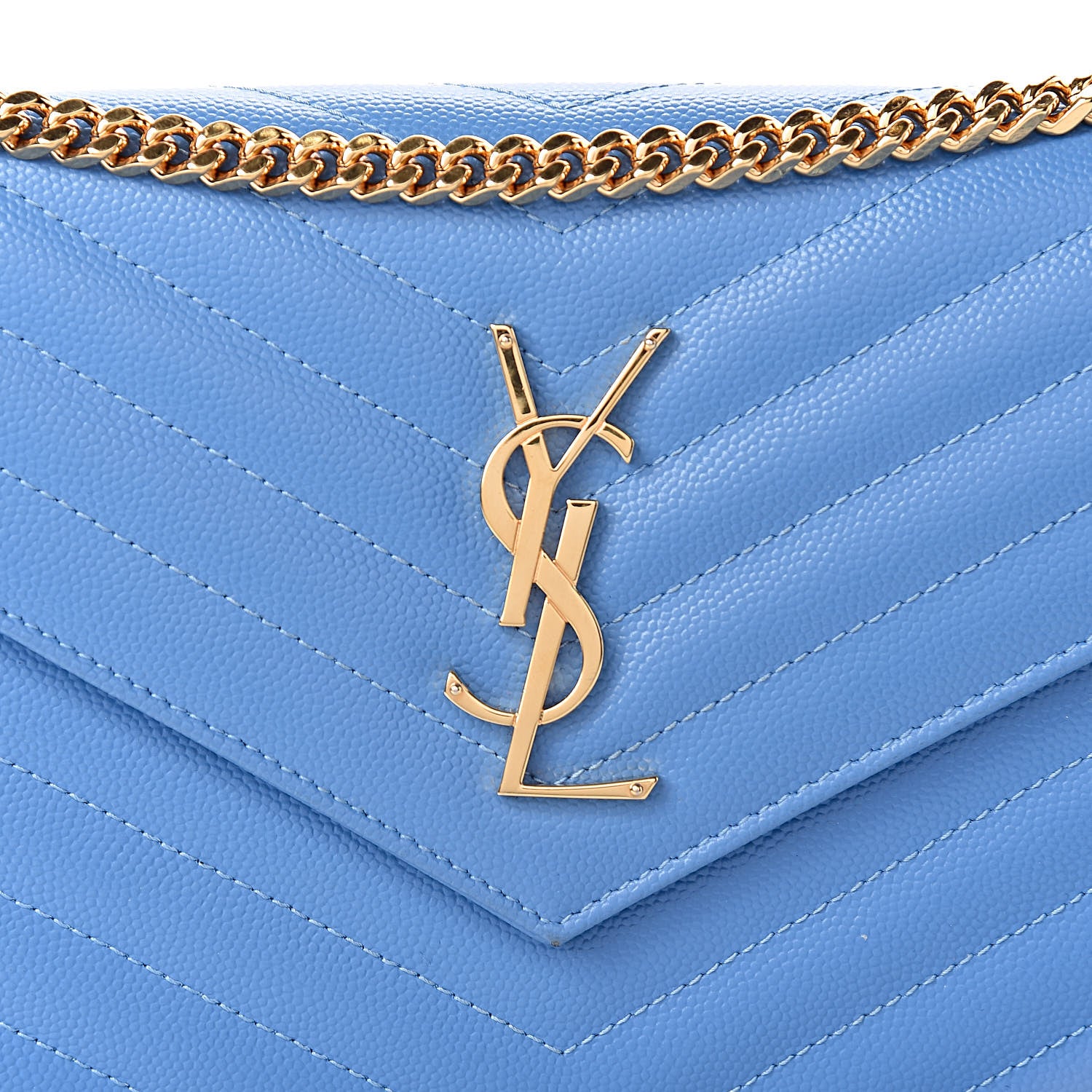 Saint Laurent Grain De Poudre Matelasse Chevron Monogram Chain Wallet Blue Clair 11 of 13