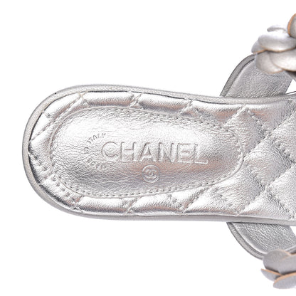 Chanel Metallic Lambskin Camellia Slide Sandals 35 Silver 6 of 12