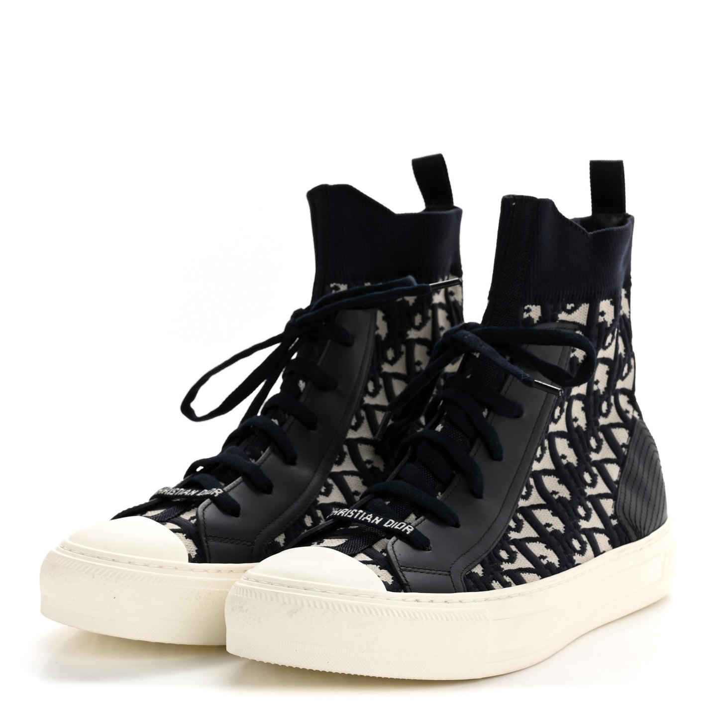 Technical Knit Calfskin Oblique Womens Walk'n Dior High Top Sneakers 39 Deep Blue