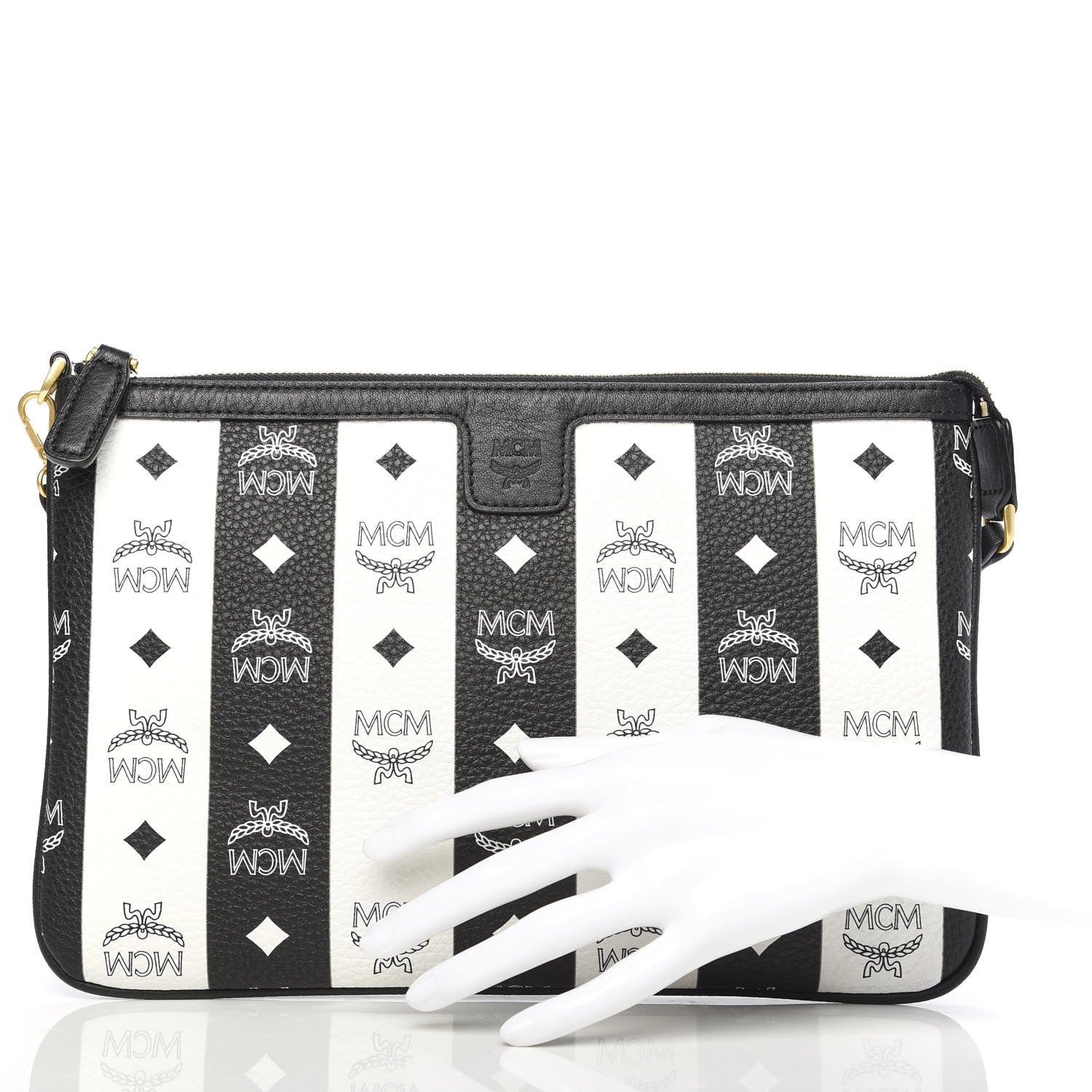 MCM Visetos Striped Liz Shopper Tote Pouch Black White 2 of 10