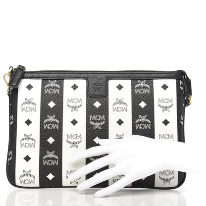 MCM Visetos Striped Liz Shopper Tote Pouch Black White 2 of 10