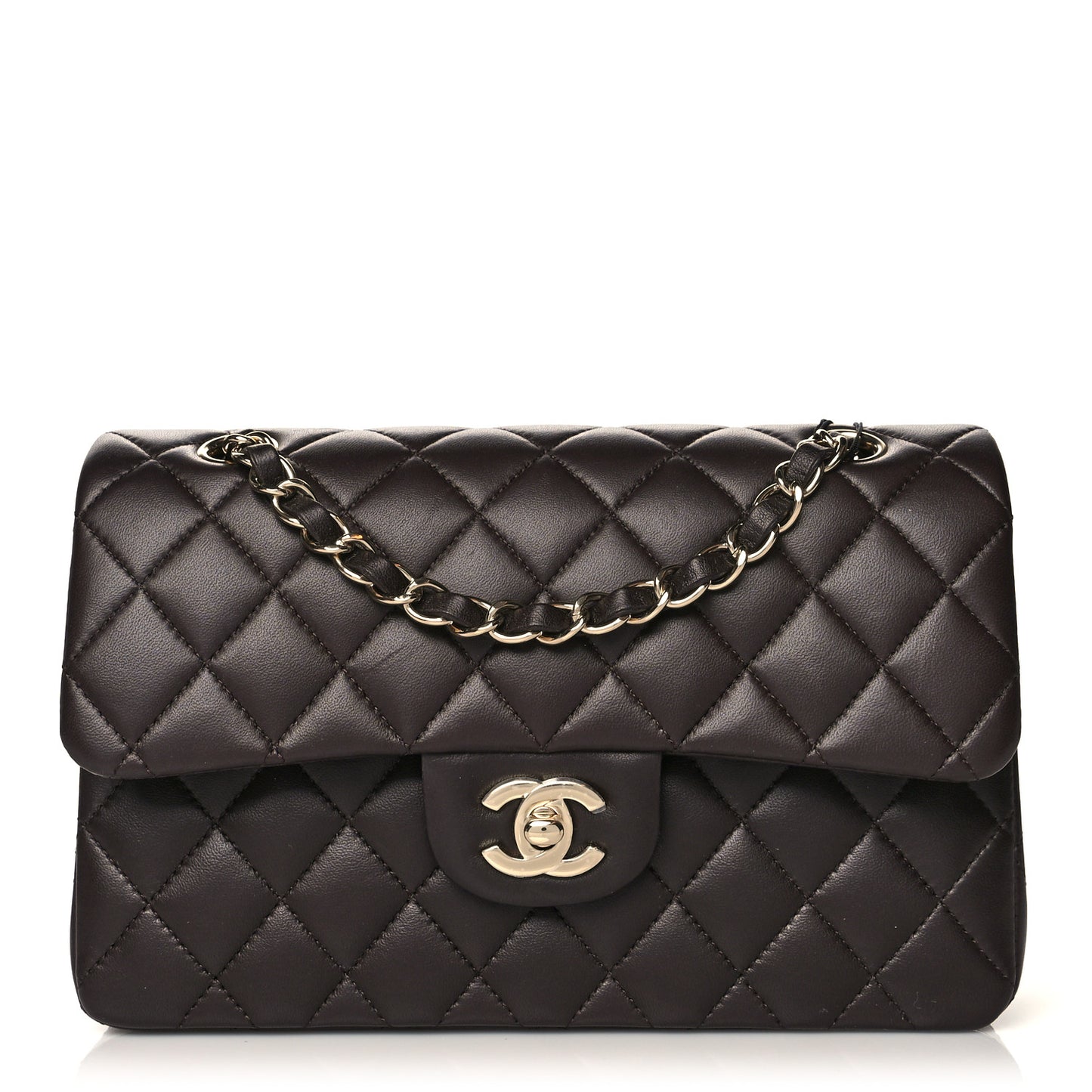 Lambskin Quilted Small Double Flap Dark Brown