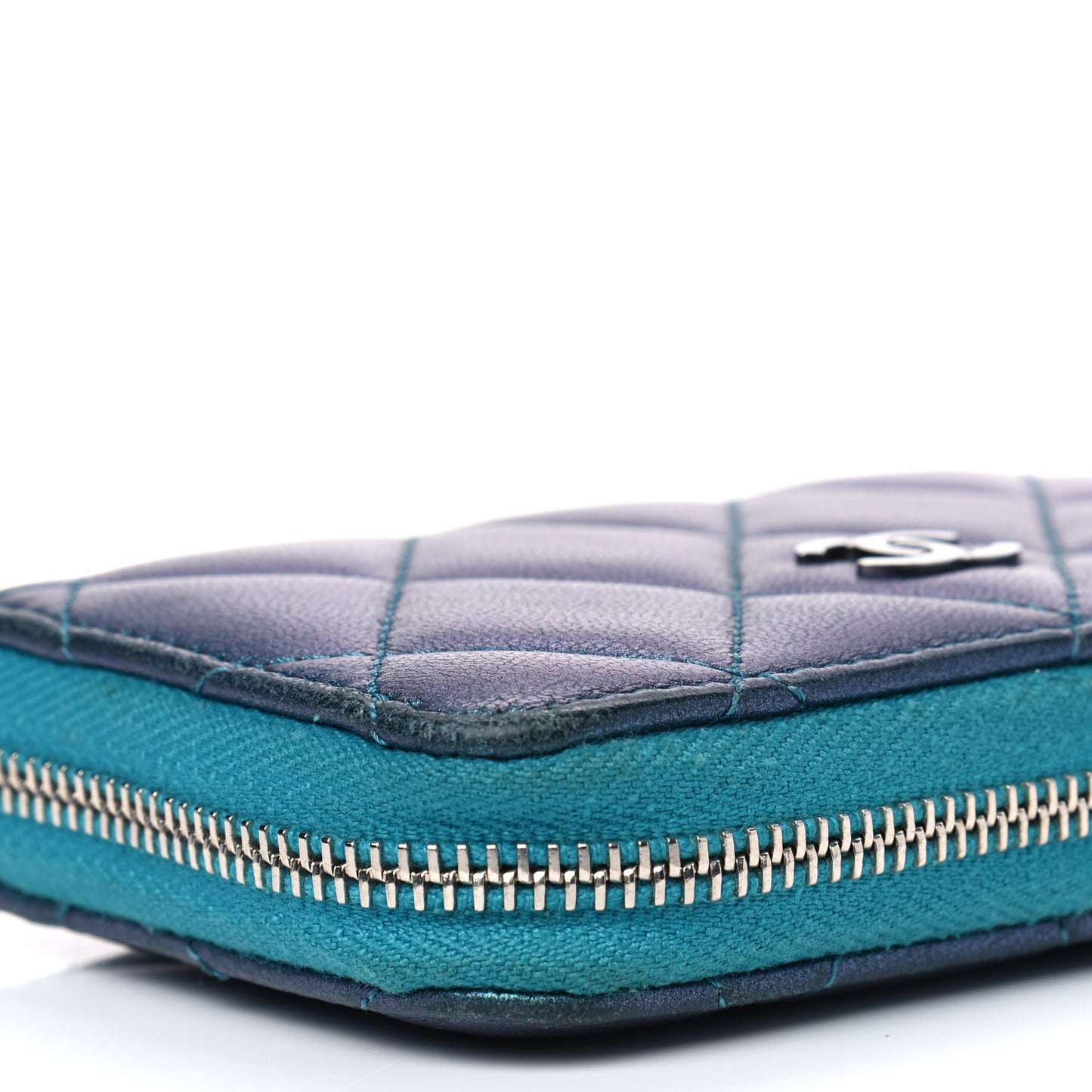 Metallic Lambskin Quilted Zip Around Coin Purse Wallet Turquoise