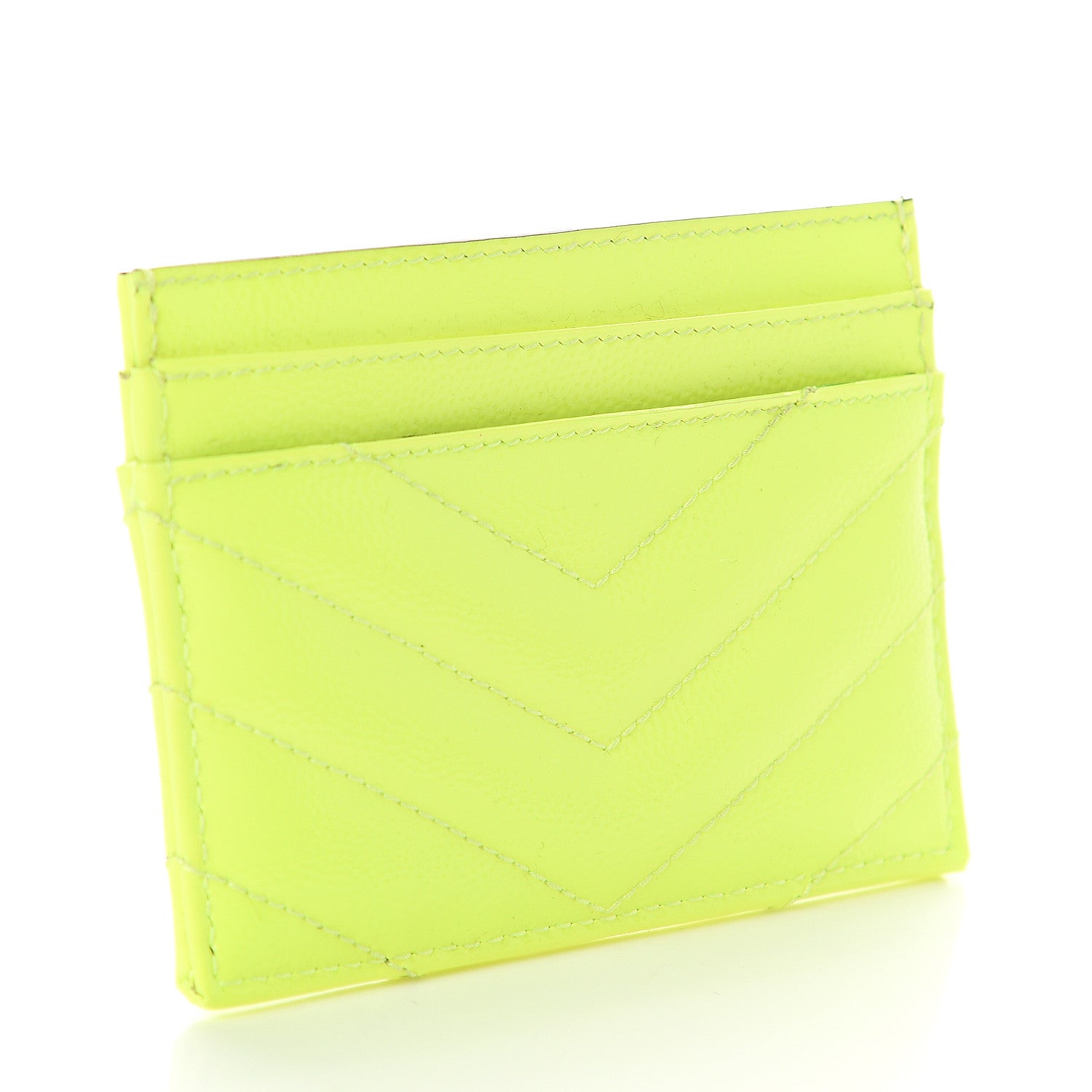 Saint Laurent Patent Grain De Poudre Matelasse Chevron Monogram Credit Card Case Neon Yellow 2 of 6