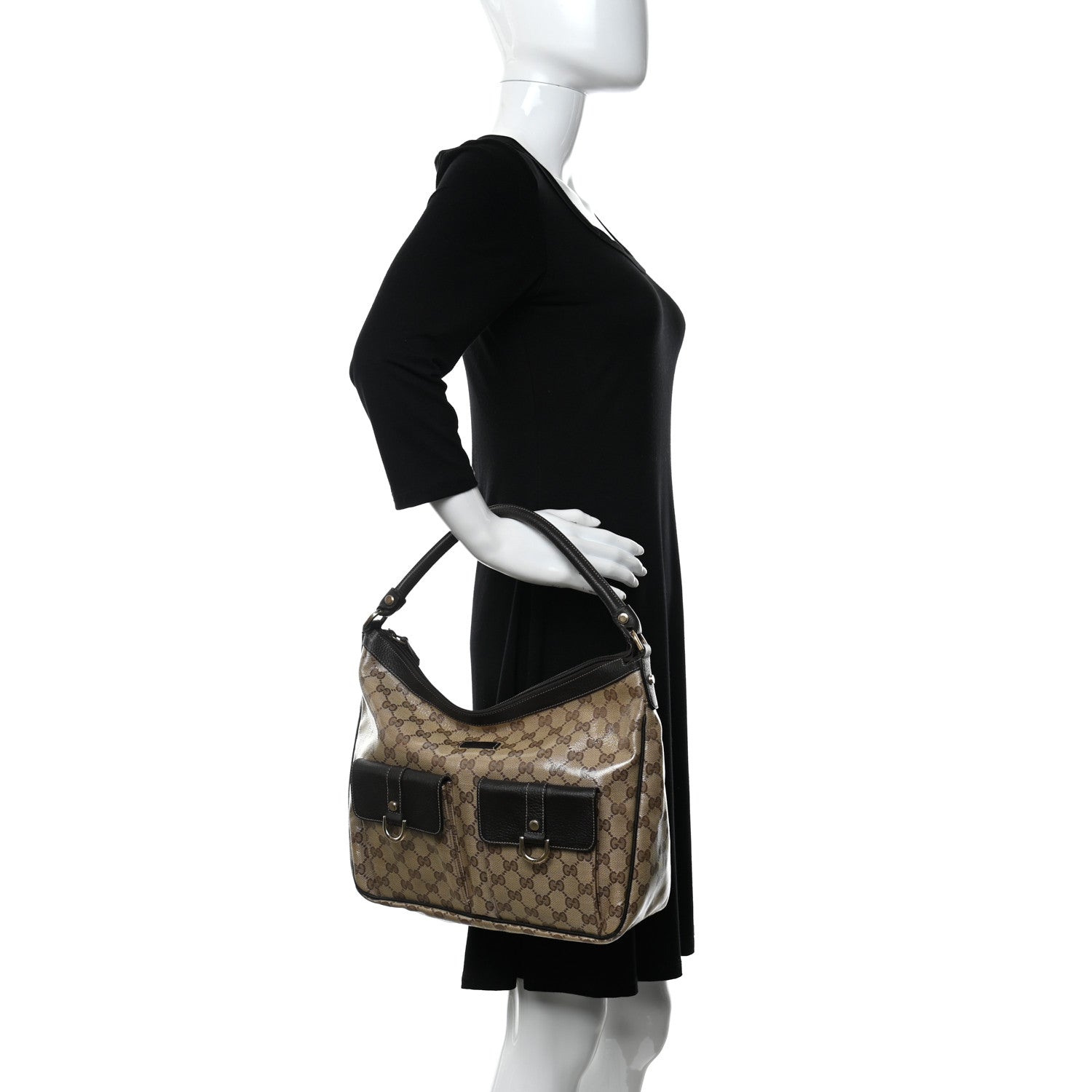 Gucci Crystal Monogram Medium Abbey Pocket Hobo Tote Dark Brown 2 of 10