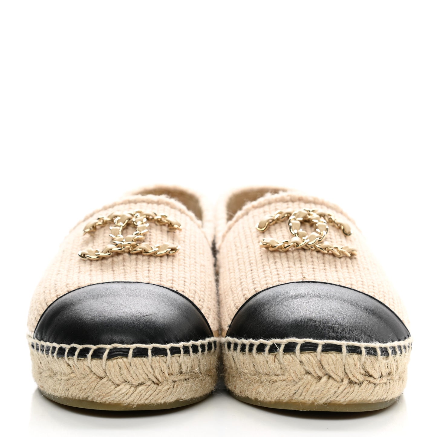 Knitted Wool Lambskin Chain CC Espadrilles 40 Beige Black