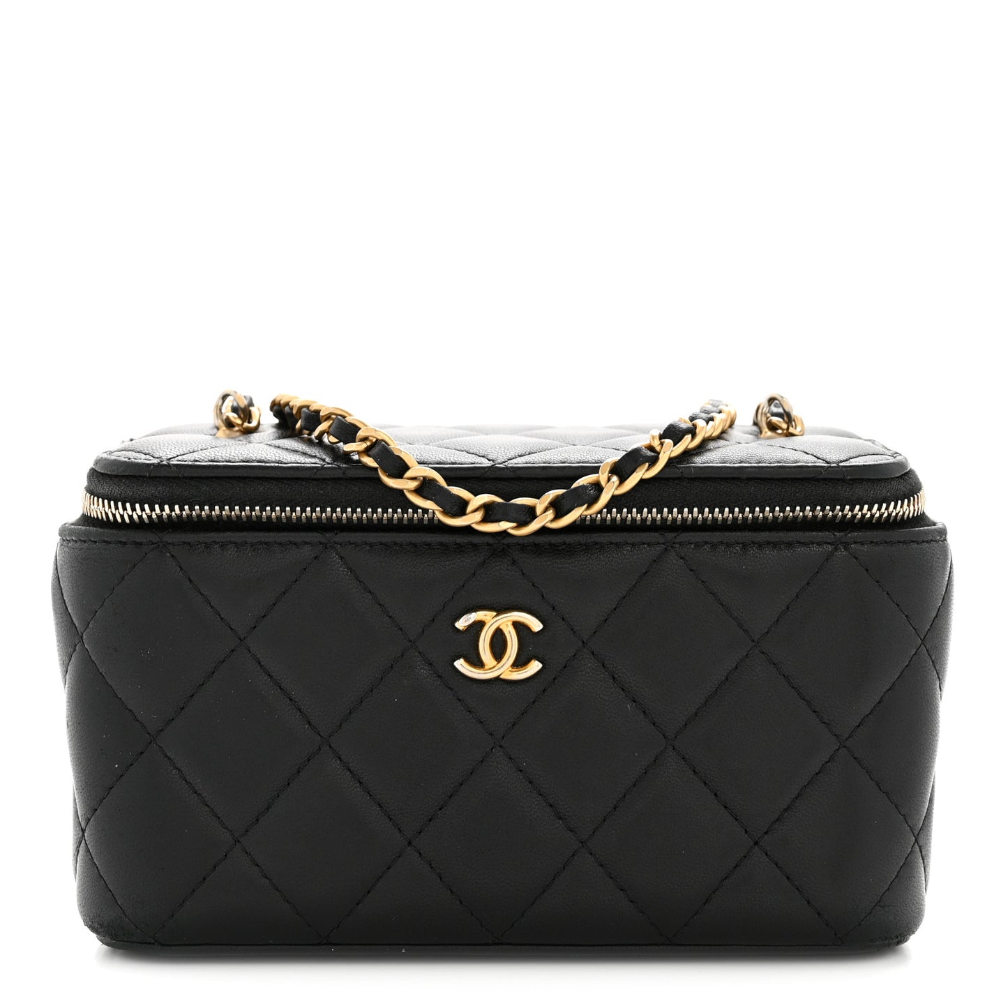Lambskin Quilted Pearl Crush Small Vanity Case With Chain Black