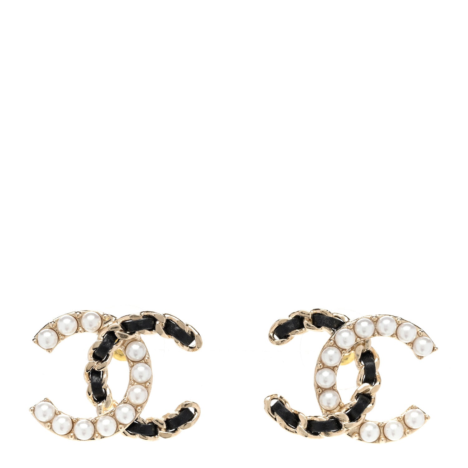 Chanel Pearl Lambskin Chain CC Stud Earrings Gold Black 1 of 5