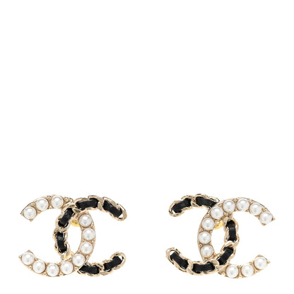 Chanel Pearl Lambskin Chain CC Stud Earrings Gold Black 1 of 5