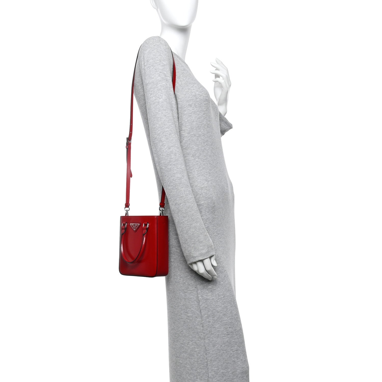 Prada Spazzolato Triangle Small Double Handle Crossbody Tote Scarlatto 2 of 10