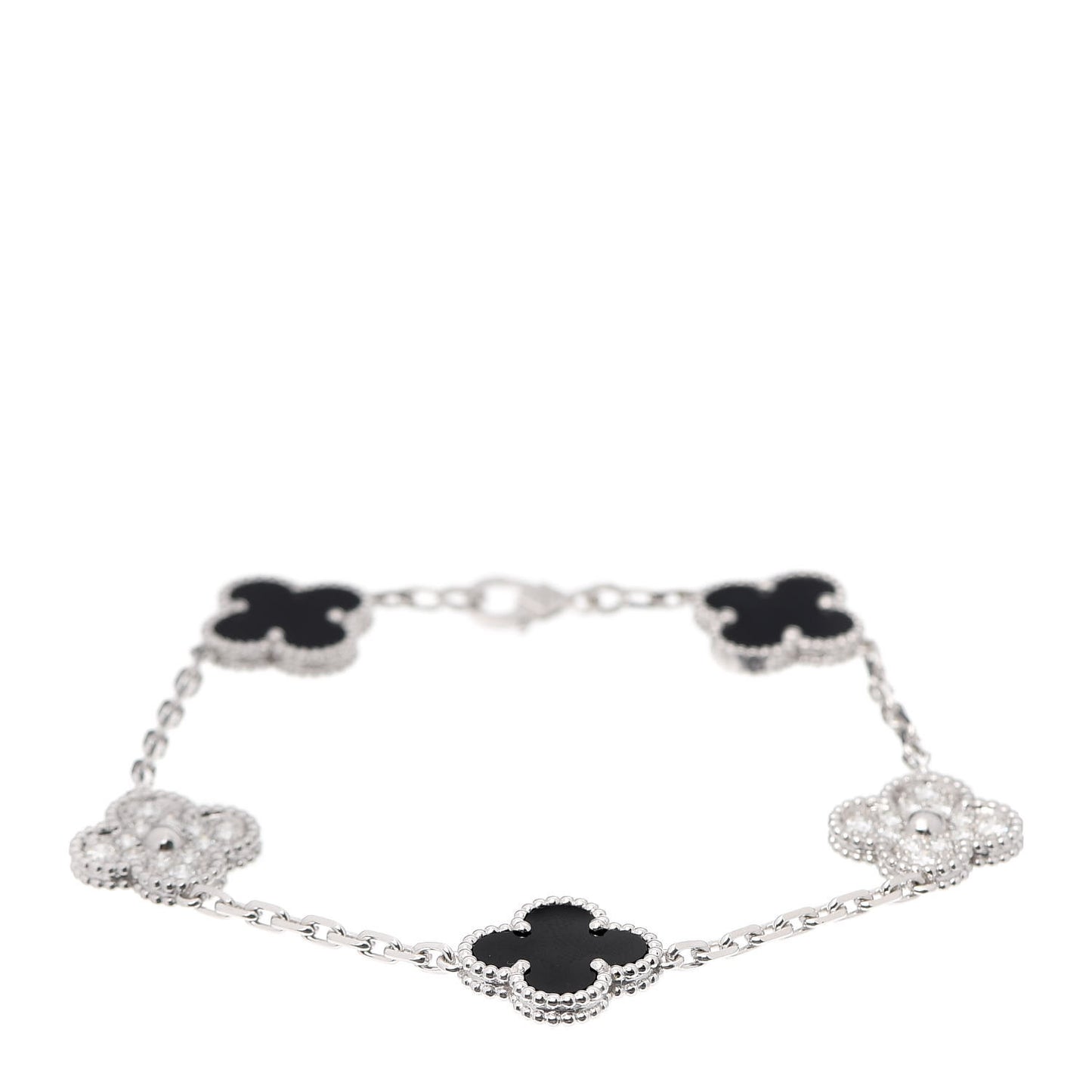18K White Gold Diamond Black Onyx 5 Motifs Vintage Alhambra Bracelet
