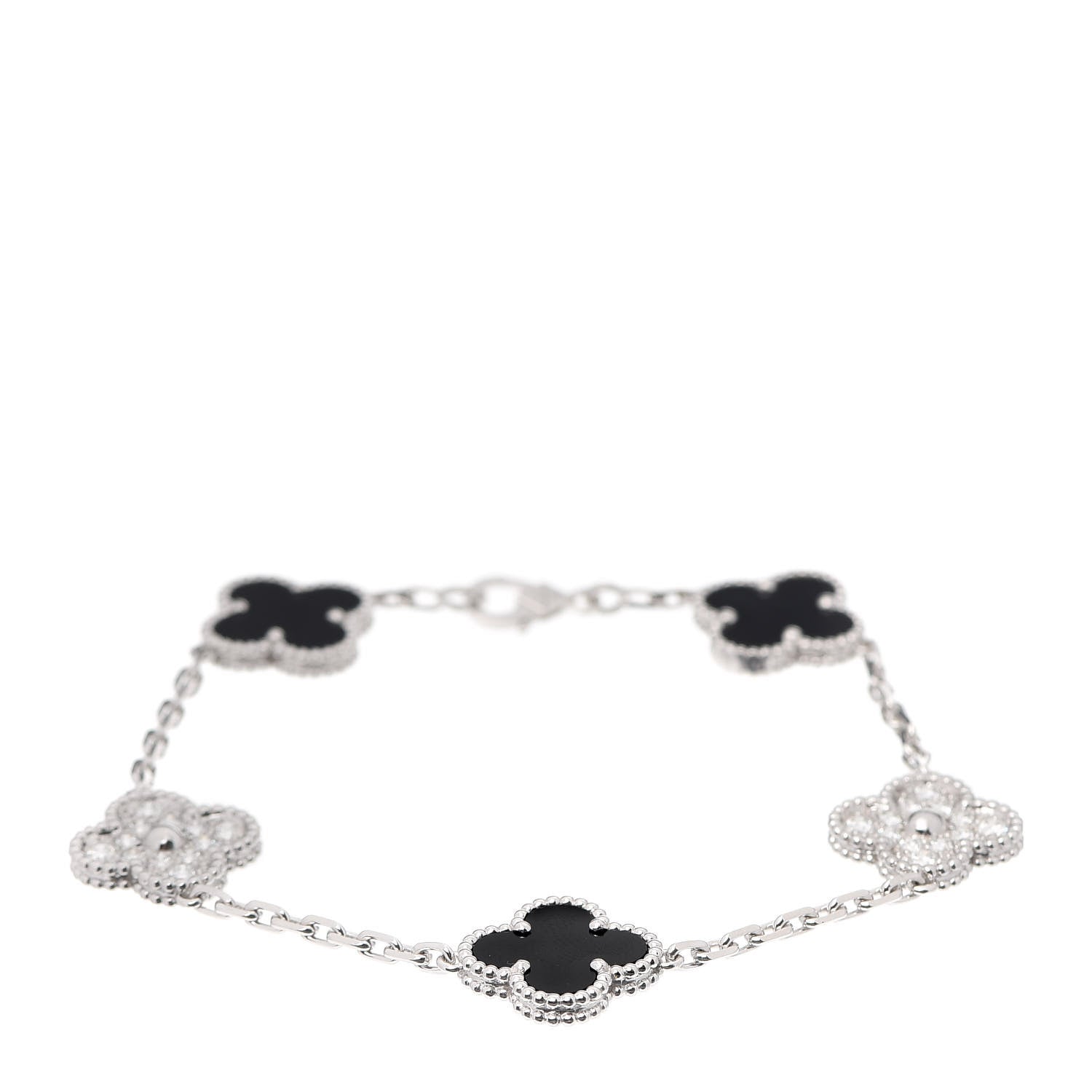 Van Cleef & Arpels 18K White Gold Diamond Black Onyx 5 Motifs Vintage Alhambra Bracelet 1 of 7