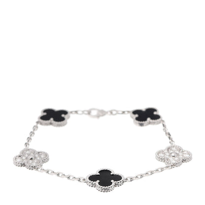 Van Cleef & Arpels 18K White Gold Diamond Black Onyx 5 Motifs Vintage Alhambra Bracelet 1 of 7