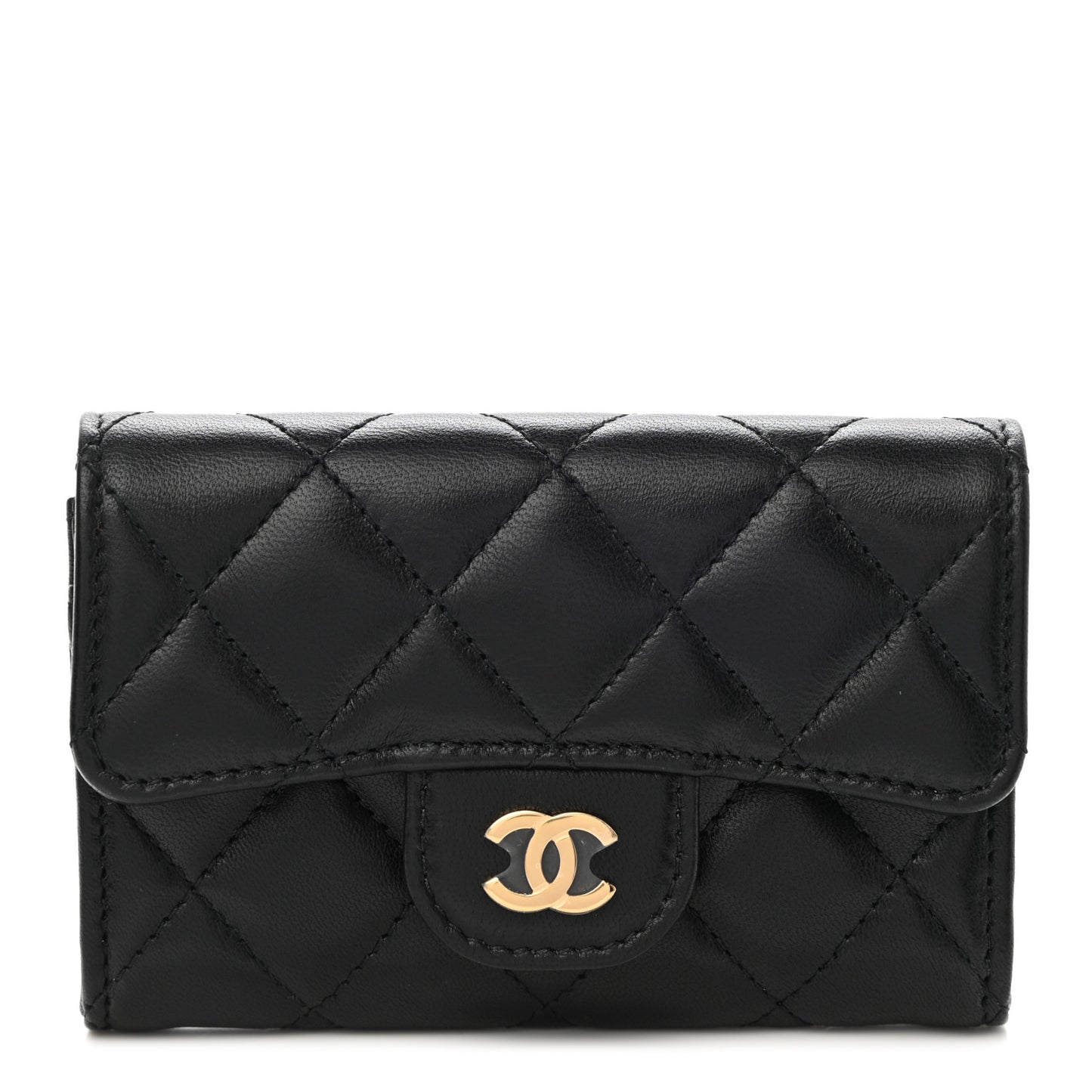 Lambskin Quilted Flap Card Holder Wallet Black