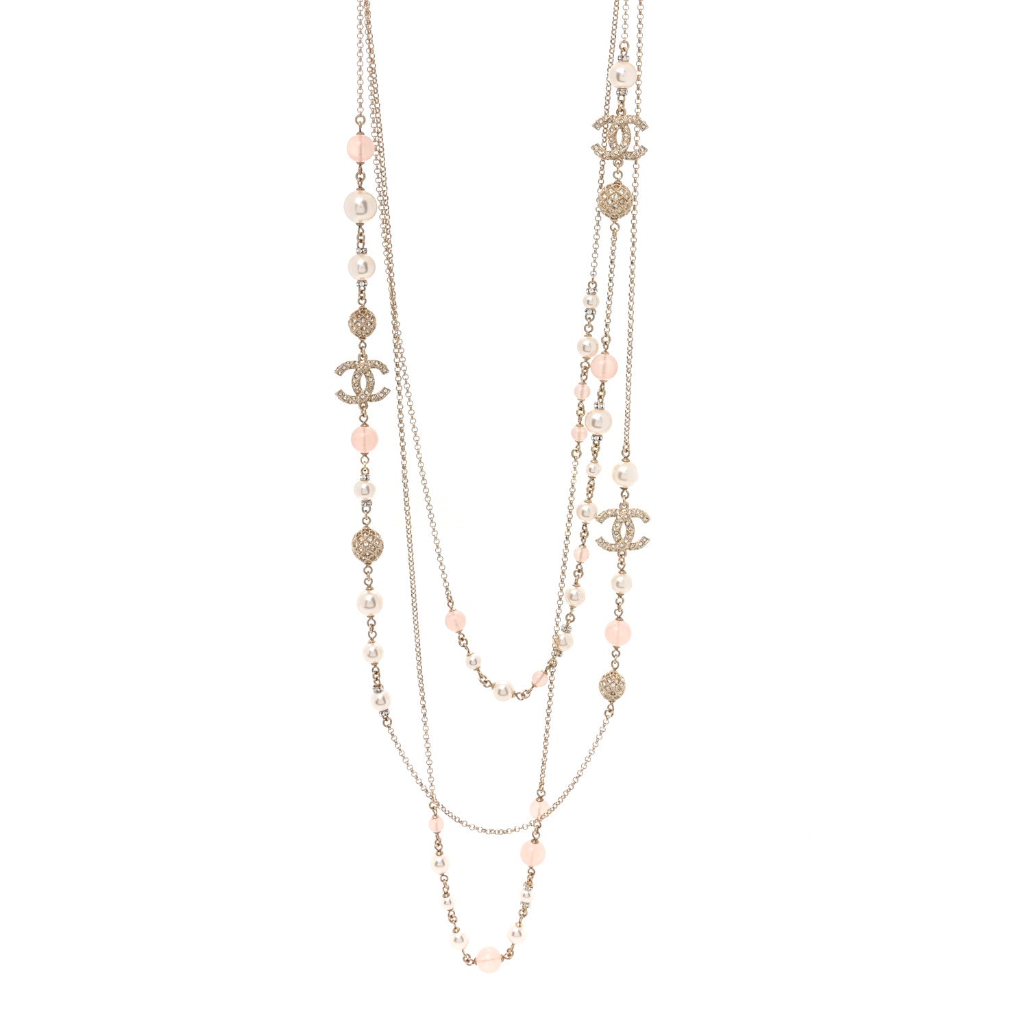 Chanel Pearl Crystal Resin CC Beaded Long Necklace Gold Pearly White Pink 1 of 5