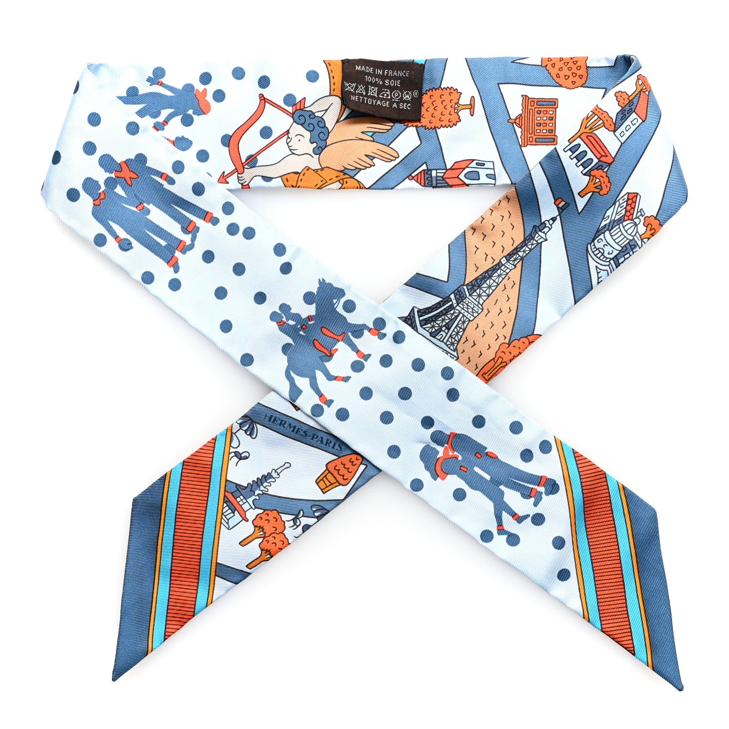 Hermes Silk Les Nouveaux Amoureux de Paris Twilly Ciel Blue Jean Orange 1 of 4