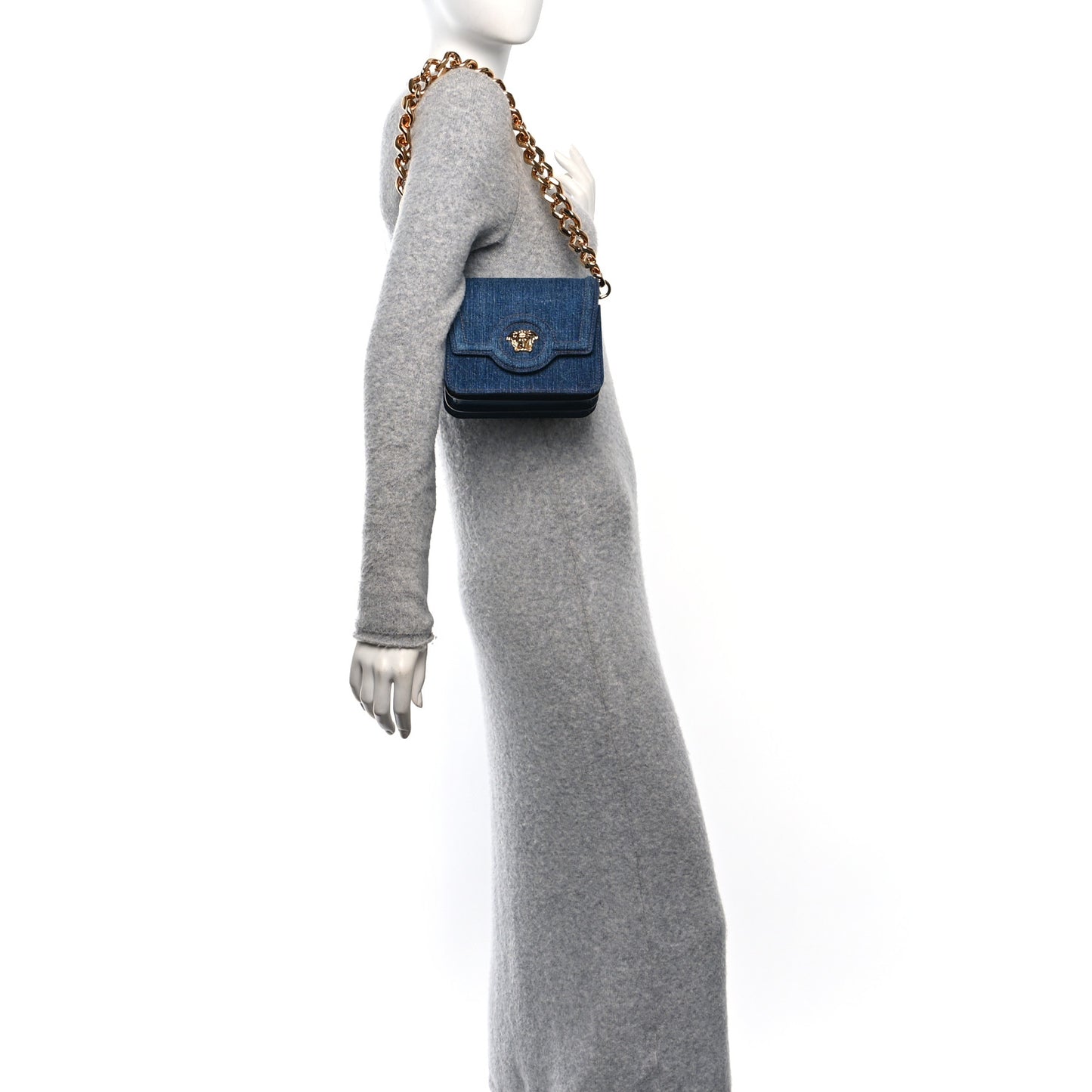 Denim La Medusa Chain Shoulder Bag Navy Blue