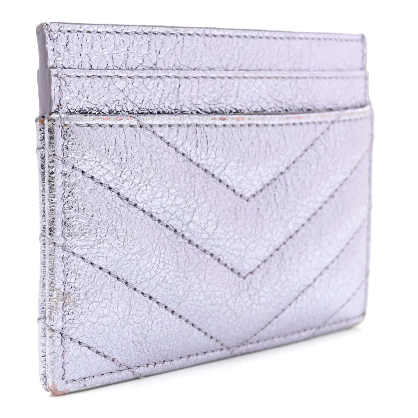 Metallic Crackled Calfskin Matelasse Chevron Monogram Credit Card Case Silver