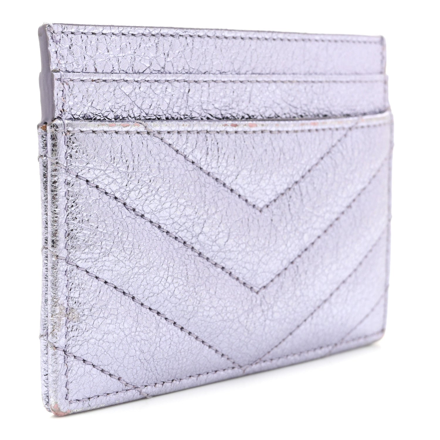 Saint Laurent Metallic Crackled Calfskin Matelasse Chevron Monogram Credit Card Case Silver 3 of 9