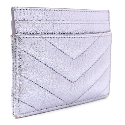 Saint Laurent Metallic Crackled Calfskin Matelasse Chevron Monogram Credit Card Case Silver 3 of 9