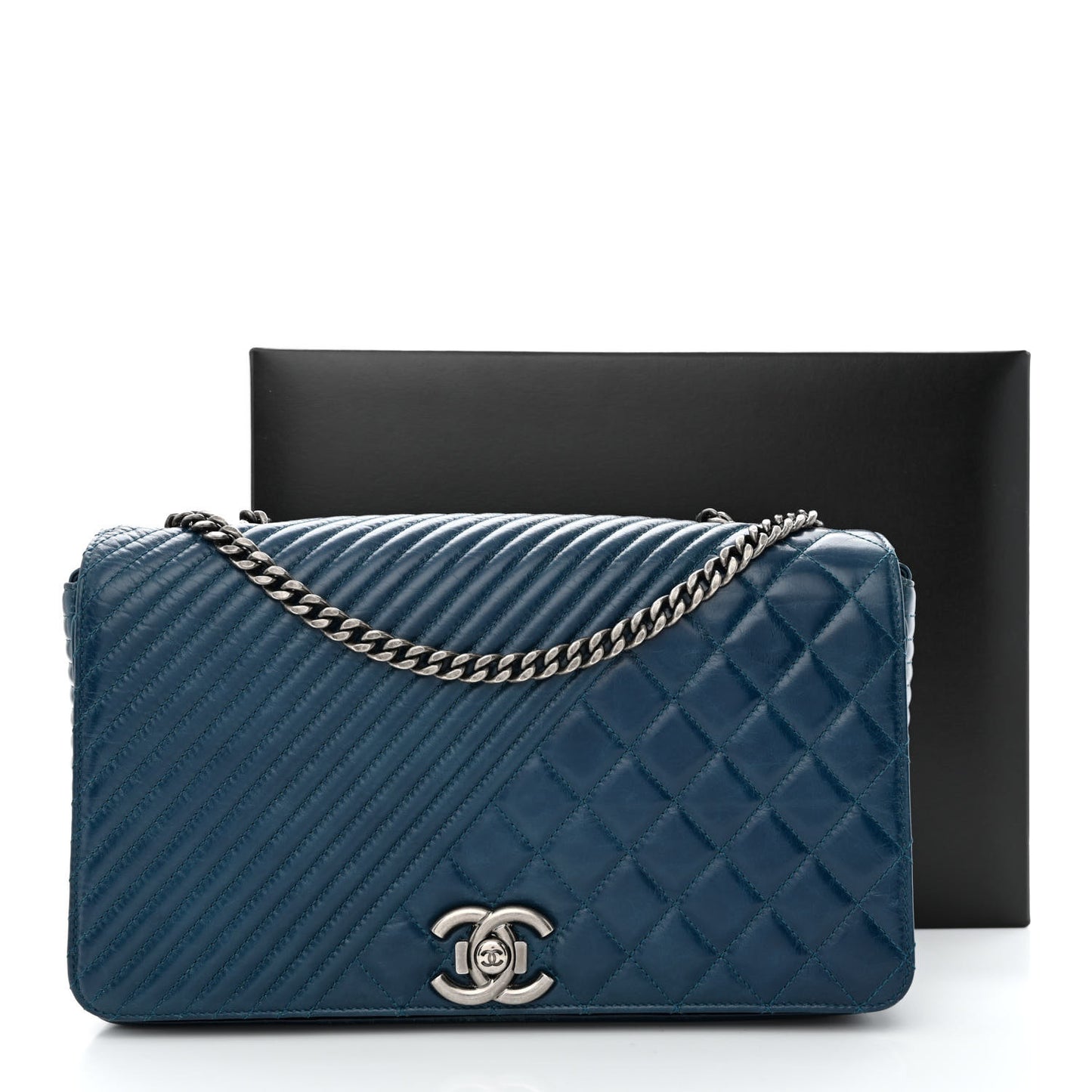 Glazed Calfskin Quilted Large Coco Boy Flap Blue